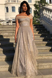 Sparkly A Line Off the Shoulder Prom Dresses with V Back, Long Dance Dresses STK15600