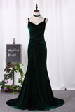 2024 Evening Dresses Spaghetti Straps Velvet With Slit Sweep PR74GEME