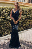 V-Neck Spaghetti Straps Velvet Dark Navy Blue Mermaid Evening Dress, Prom Dresses STK15480