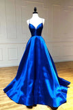 Simple A Line Satin Spaghetti Straps Royal Blue Long V Neck Prom STK20441