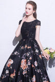 2024 Black Prom Dresses Scoop A-Line Floral Print Sexy Long Lace PKND18NP