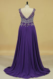 2024 A Line V Neck Beaded Bodice Chiffon Sweep Train Prom PL99669T