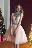 Cute Pearl Pink Tulle Appliques Silver Beads V Neck Short Homecoming Dresses