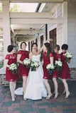 A Line Burgundy Lace Cap Sleeve Bridesmaid Dresses, Knee Length Short Wedding Party Dresses STK14995