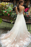 Tulle V Neck Embroidery Long Spaghetti Straps Wedding Dresses, Bridal Dresses STK15444