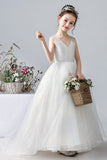 White V-Neck Sleeveless Mesh Flower Girl Dresses