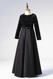 A Line Black Long Sleeves Beaded Flower Girl Dresses