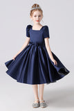 A Line Stain Short Sleeves Flower Girl Dresses With Bownot