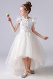 A- Line Cap Sleeve Hi-Low Tulle Beading Flower Girl Dresses