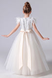 A- Line Cap Sleeve Hi-Low Tulle Beading Flower Girl Dresses