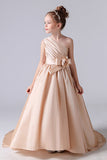 One shoulder Champagne Pleats Flower Girl Dresses With Flower Belt