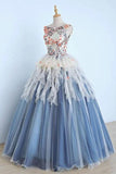 Princess Ball Gown Appliques Blue Tulle Prom Dresses, Sweet 16 Dress, Quinceanera Dress STK15289