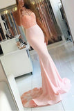 Pink Long Sexy Backless Mermaid Satin Sleeveless Lace High Neck Beads Prom Dresses