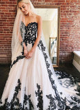 A Line Sweetheart Strapless White Tulle Black Lace Appliques Formal Prom Dresses STK15558