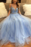 Stylish A-Line V-Neck Off-the-Shoulder Blue Tulle Long Evening Dresses with Beading