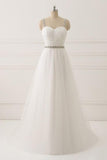 A Line White Spaghetti Straps Tulle Beads Appliques Sweetheart Zipper Prom Dresses