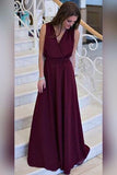 Simple A-line V-neck Chiffon Sweep Train Burgundy Sleeveless Sashes Prom Dresses