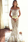 Fashion Mermaid Off-the-Shoulder Court Train Ivory Sleeveless Tulle Wedding Dress with Lace