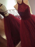 A Line Halter Tulle Burgundy Beads Sleeveless Long Party Dresses Prom Dresses