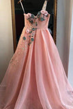 Unique A Line One Shoulder 3D Appliques Pink Tulle Long Beads Prom STK20449