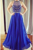 A-line Royal Blue Halter Fashion Cheap Sleeveless Tulle Beads Floor-Length Prom Dresses PD202