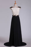 2024 Chiffon Prom Dresses Bateau Open Back With Beading Sweep Train