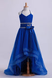 2024 Dark Royal Blue Halter A Line High Low Flower Girl Dresses Beaded PA9QX5CF