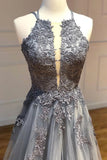 A Line Spaghetti Straps Lace Silver Long Prom Dresses with Applique Open Back Party Dresses STK15027