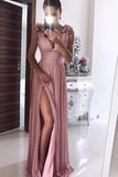 A Line Pink Chiffon V neck Prom Dresses with Split, Long Formal Dress With Handmade Flower STK15010