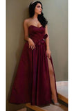 Unique A Line Burgundy Sweetheart Satin Strapless Prom Dresses, Evening STK20448