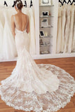 Elegant Spaghetti Straps Mermaid V Neck Lace Wedding Dresses Beach Bridal Dresses STK15202