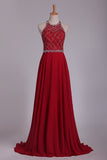 2024 A Line Prom Dresses Halter Beaded Bodice Open Back Sweep Train Chiffon & PNY91XXH