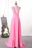 2024 Prom Dresses V Neck Chiffon With Slit A Line Sweep Train