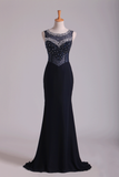 2024 Scoop Open Back Beaded Bodice Floor Length Chiffon Prom Dresses Black