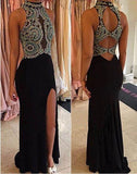 Black Open Back Halter Sleeveless Beads Mermaid Side Slit Cheap Prom Dresss