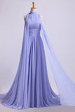 High Neck Prom Dresses Pleated Bodice A-Line Chiffon Sweep SRSPQS3MK7G