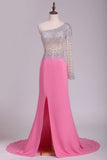 2024 One Sleeve Prom Dresses Mermaid Chiffon With Slit And Rhinestones