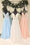 Spaghetti Straps Beading Bodice Long Chiffon Prom Dresses Evening Dresses