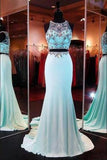 Two Pieces Beading Bodice Long Satin Prom Dresses Evening Dresses