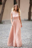 Blush Pink Lace Chiffon Sleeveless Illusion Backless Elegant A-Line Long Prom Dresses