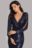 Long Split Sleeve Mermaid V Neck Dark Navy Blue Sequins Prom Dresses, Formal Dress STK15256