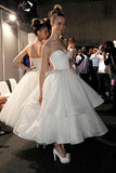 A Line Strapless Sweetheart Organza Tea Length Wedding Dresses, Prom Dresses STK15496