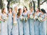 Mermaid Lace Baby Blue V Neck Bridesmaid Dresses for Wedding STK15653