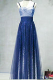 A Line Ombre Spaghetti Straps Tulle Blue Sequins Sweetheart Prom Homecoming Dress