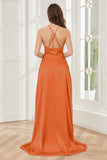 Column Halter Soft Satin Bridesmaid Dress with Pockets