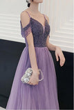 Tulle A Line Elegant Cold Shoulder Beaded Lilac Long Prom Party Dresses