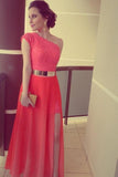 A Line Red One Shoulder Chiffon Lace Long Side Slit Gold Belt Prom Dresses