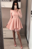 A Line Long Sleeve Blush Pink Off the Shoulder Satin Short Homecoming Dresses