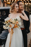 Elegant A Line Tulle Ivory V Neck Wedding Dresses With Pearls, V Back Beach Bridal Dresses STK15153