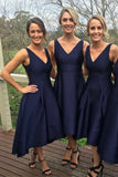 A Line V Neck Satin High Low Short Bridesmaid Dresses, Prom Dresses SRS15043